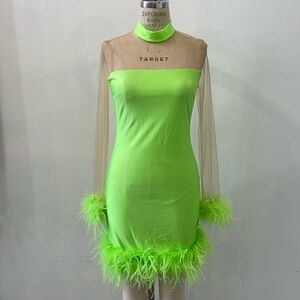 Neon Lime Feather-Trim Long Sleeve Bodycon Dress